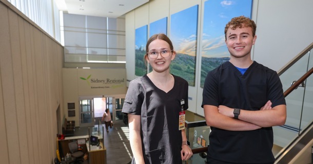 UNK students Alexys Hurt and Brodie Mitchell gained firsthand experience in rural health care through the Rural Immersion Program. They shadowed professionals at Sidney Regional Medical Center and spent five days in the western Nebraska community. (Photo by Erika Pritchard, UNK Communications)